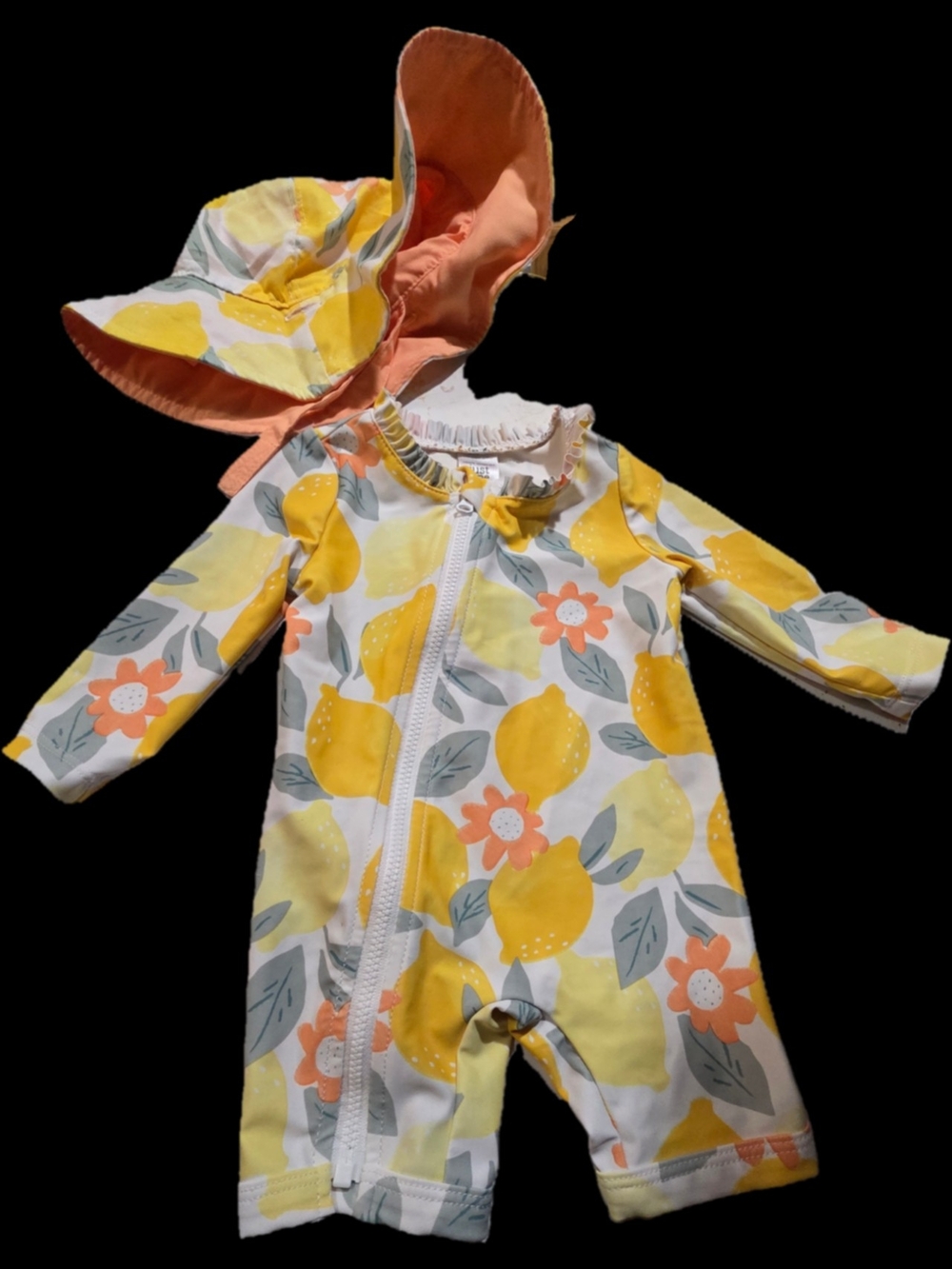 Carter's Yellow Lemon Print One-Piece Sunsuit with Reversible Hat
